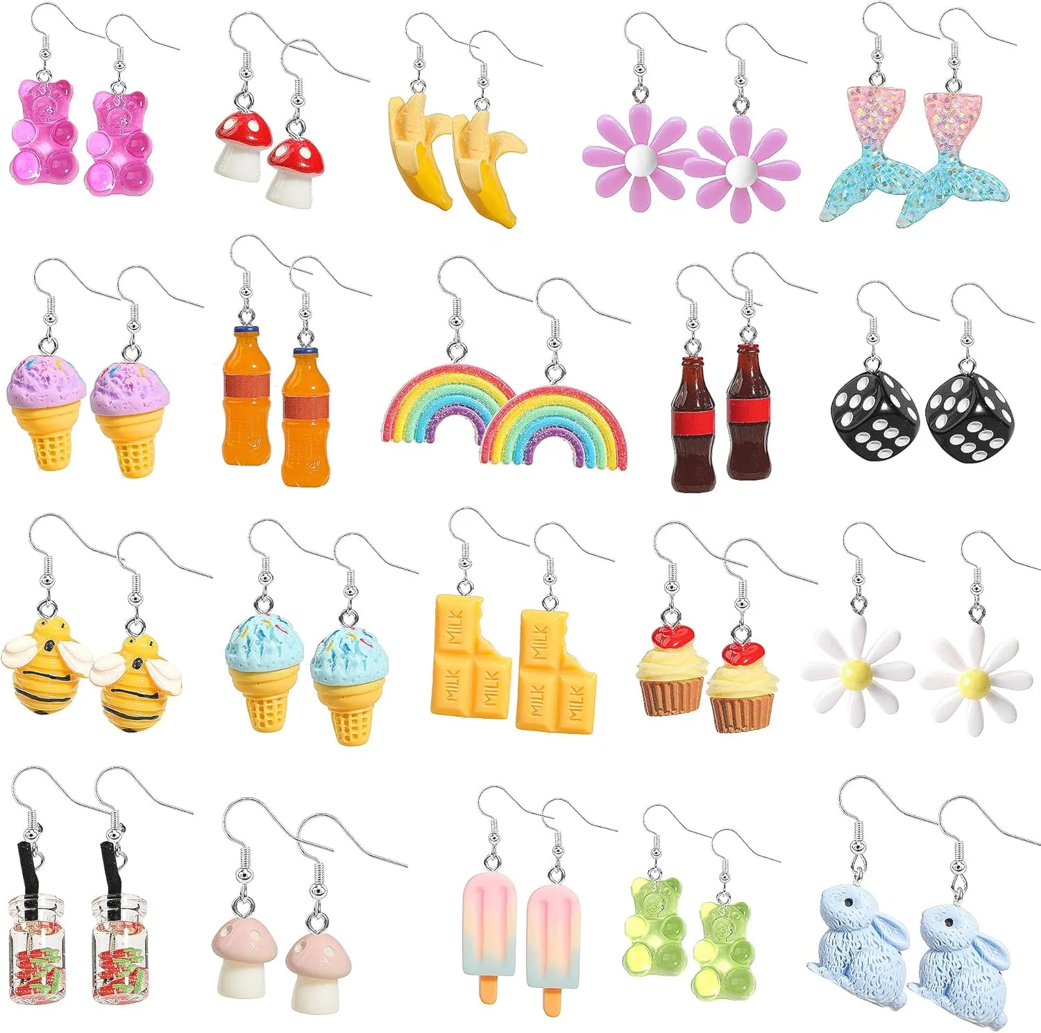 20 Pairs Weird Earrings Funny Earrings Gummy Bear Duck Water Bottle Fish Dinosaur Mushroom Butterfly Strawberry Dangle Earrings Set for Women