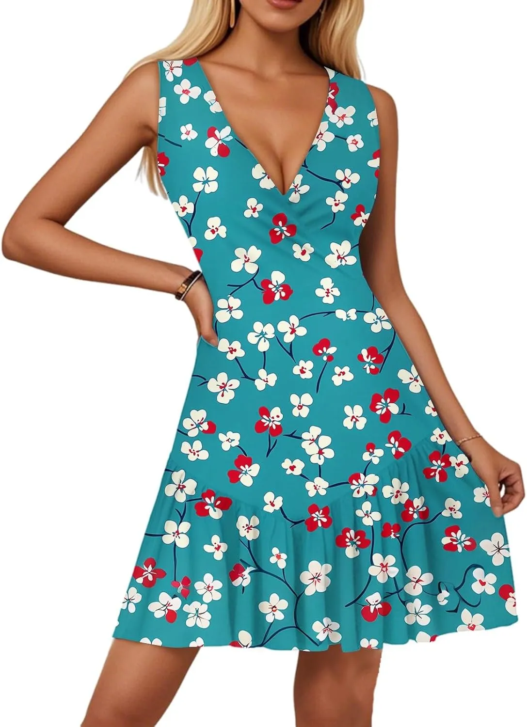 2025 Women's Summer Dresses Sleeveless Tropical Sexy Wrap V Neck Floral Hem Pleated Sunbathing Mini Dresses