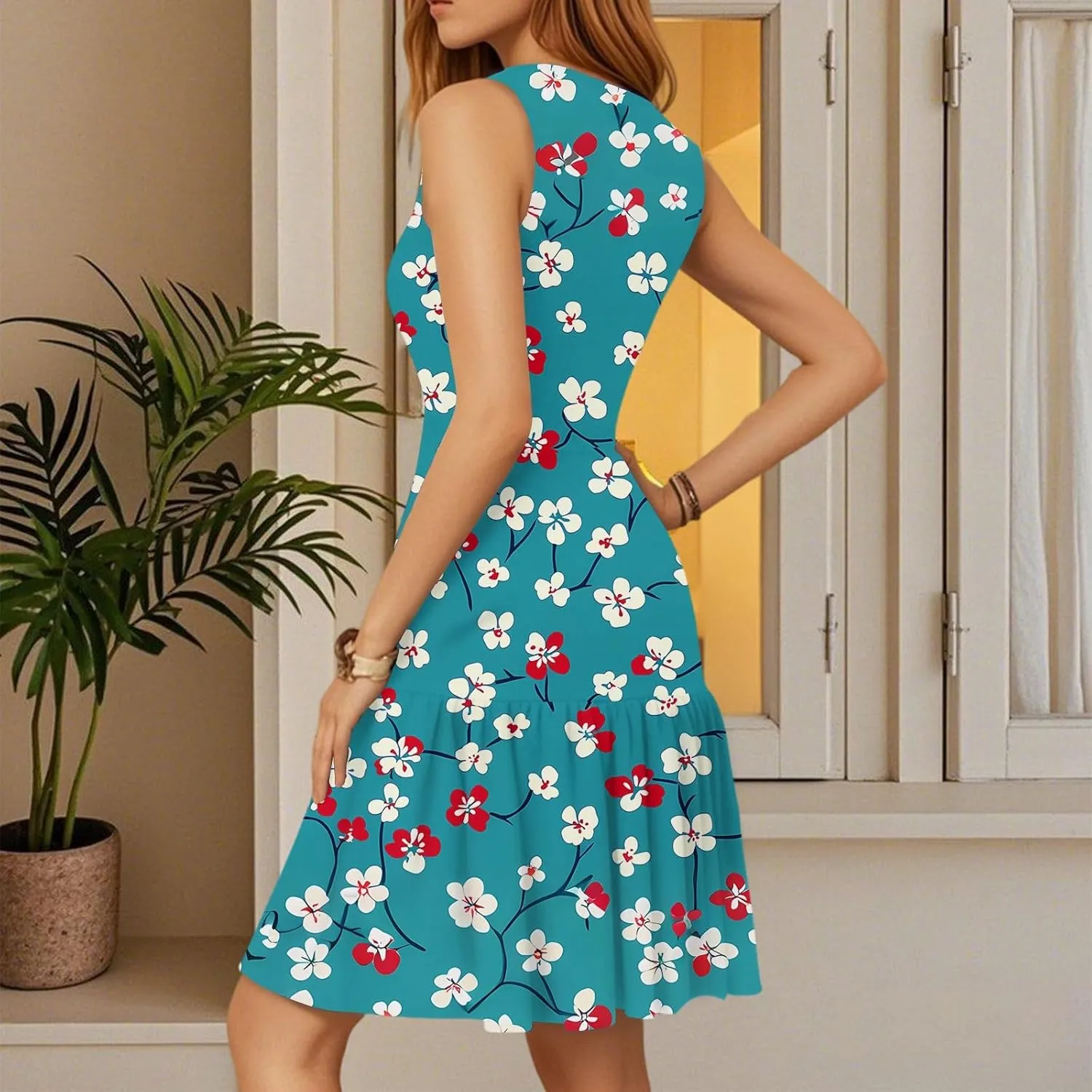 2025 Women's Summer Dresses Sleeveless Tropical Sexy Wrap V Neck Floral Hem Pleated Sunbathing Mini Dresses