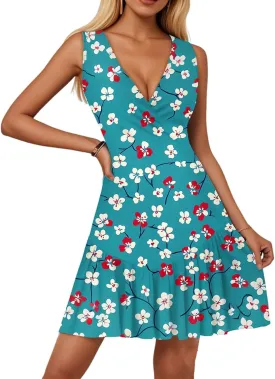 2025 Women's Summer Dresses Sleeveless Tropical Sexy Wrap V Neck Floral Hem Pleated Sunbathing Mini Dresses