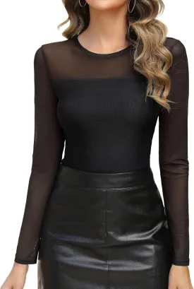 AKEWEI Womens Sexy Sheer Mesh Long Sleeve Tops Crew Neck Double Layered Tee Shirts Going Out Party Club Night Lace Blouse