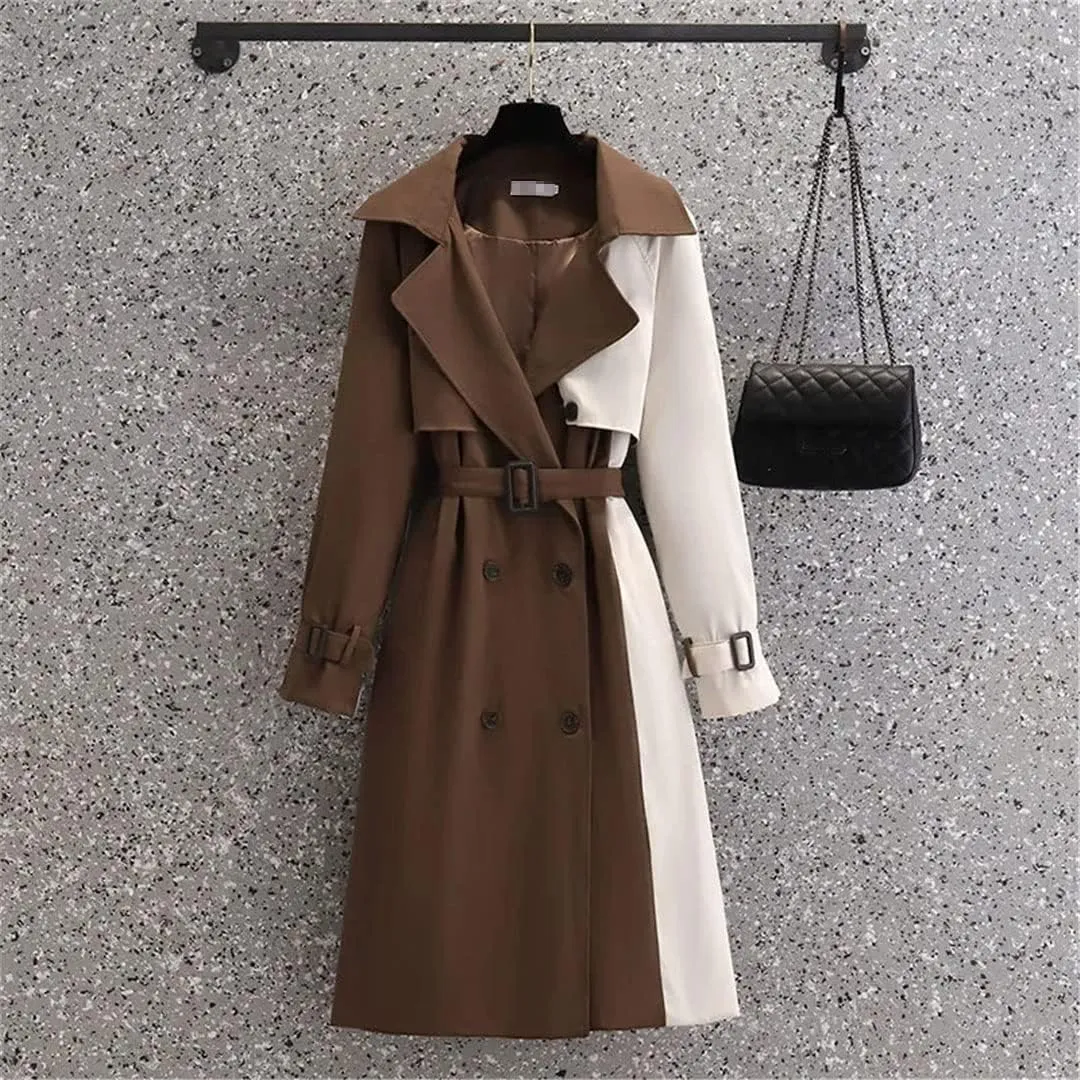 Autumn Mid-Length Trench Coat Women's Contrasting Color Patchwork Spring Trench Coat