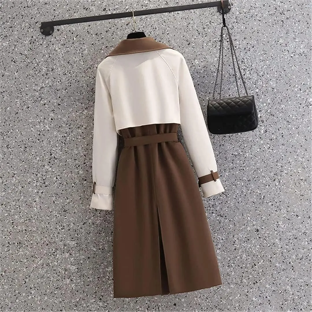 Autumn Mid-Length Trench Coat Women's Contrasting Color Patchwork Spring Trench Coat