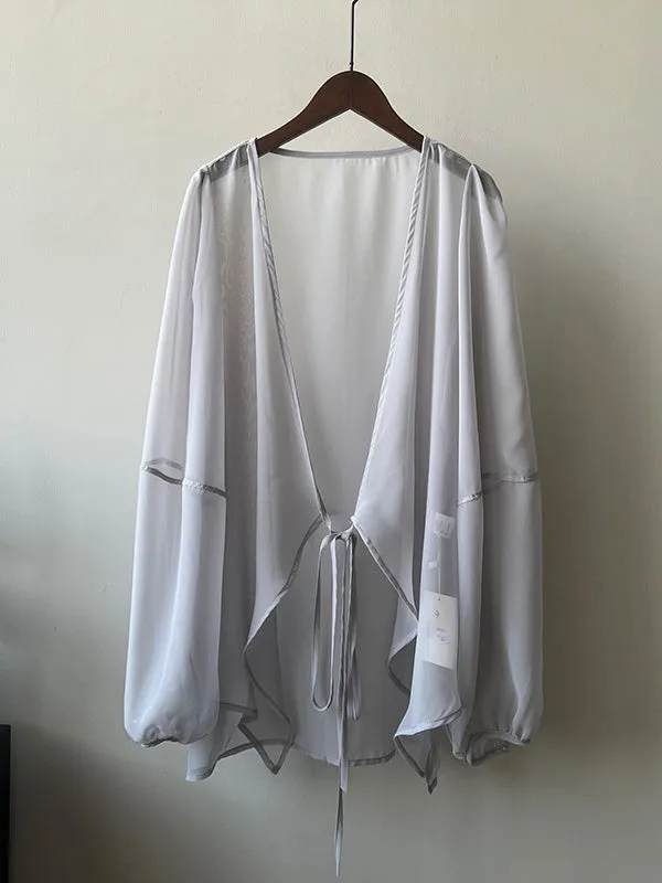 Bishop Sleeve Long Sleeves See-Through Split-Joint Tied Collarless Blouses&Shirts Tops