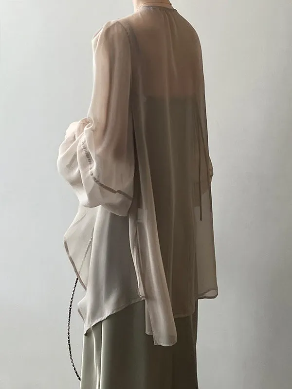 Bishop Sleeve Long Sleeves See-Through Split-Joint Tied Collarless Blouses&Shirts Tops