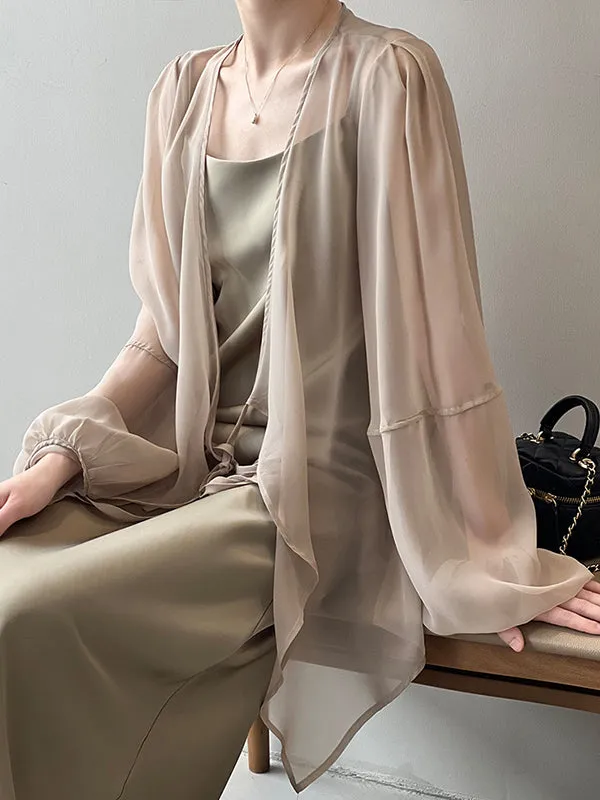 Bishop Sleeve Long Sleeves See-Through Split-Joint Tied Collarless Blouses&Shirts Tops