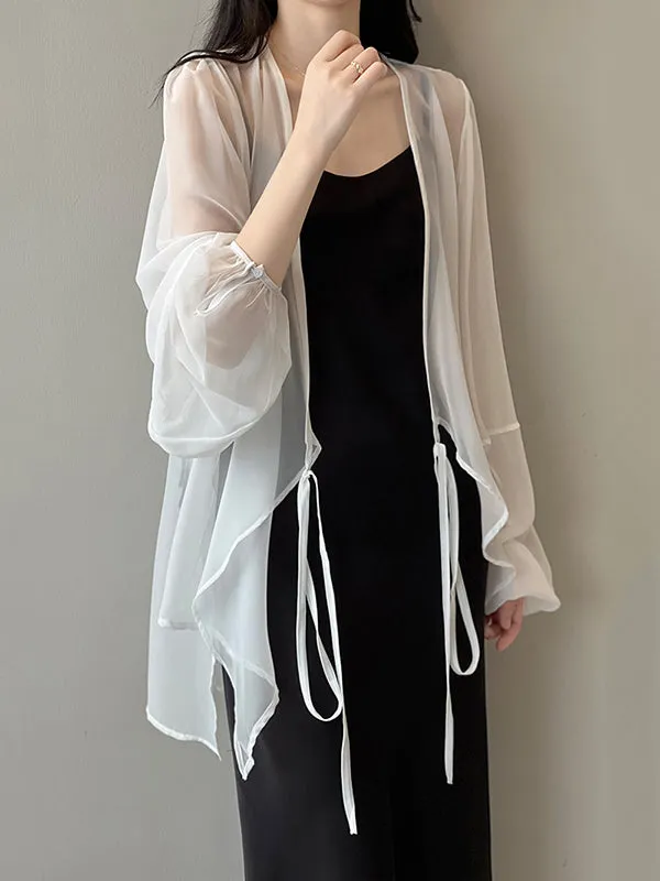 Bishop Sleeve Long Sleeves See-Through Split-Joint Tied Collarless Blouses&Shirts Tops