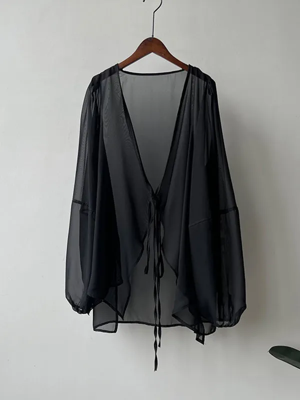 Bishop Sleeve Long Sleeves See-Through Split-Joint Tied Collarless Blouses&Shirts Tops