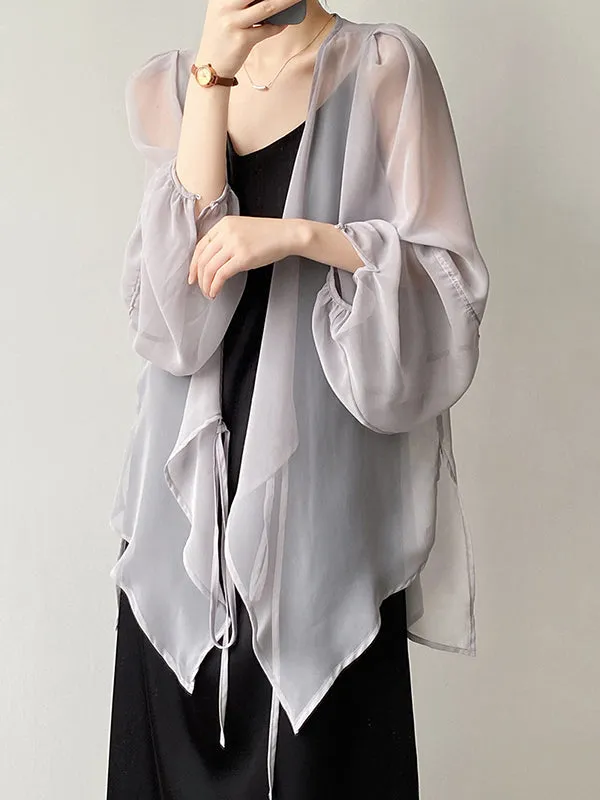 Bishop Sleeve Long Sleeves See-Through Split-Joint Tied Collarless Blouses&Shirts Tops