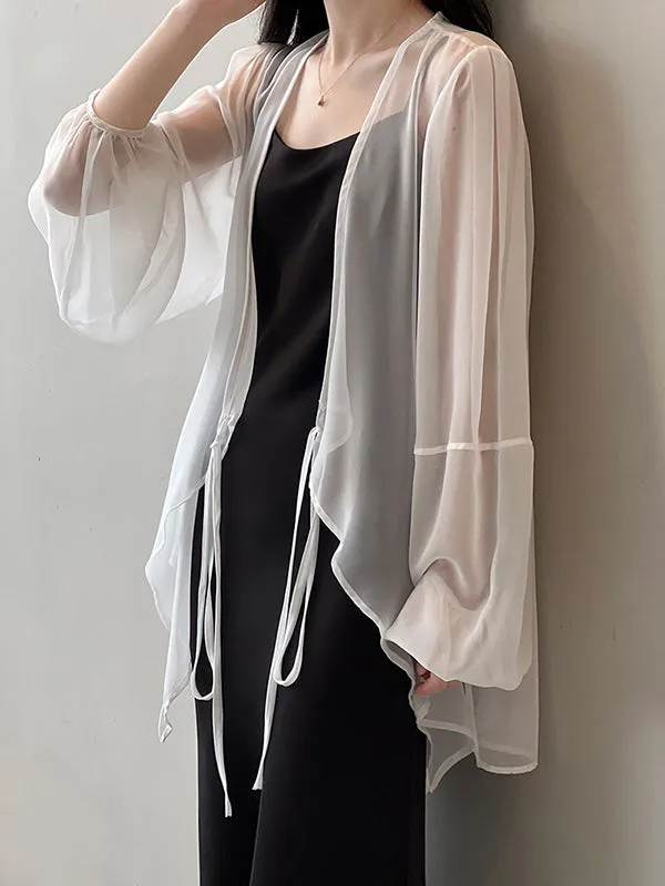 Bishop Sleeve Long Sleeves See-Through Split-Joint Tied Collarless Blouses&Shirts Tops