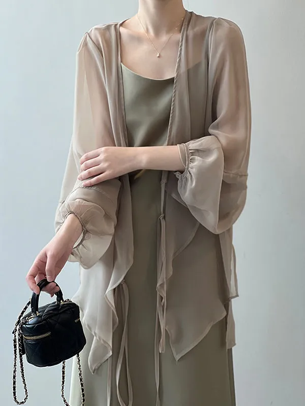 Bishop Sleeve Long Sleeves See-Through Split-Joint Tied Collarless Blouses&Shirts Tops