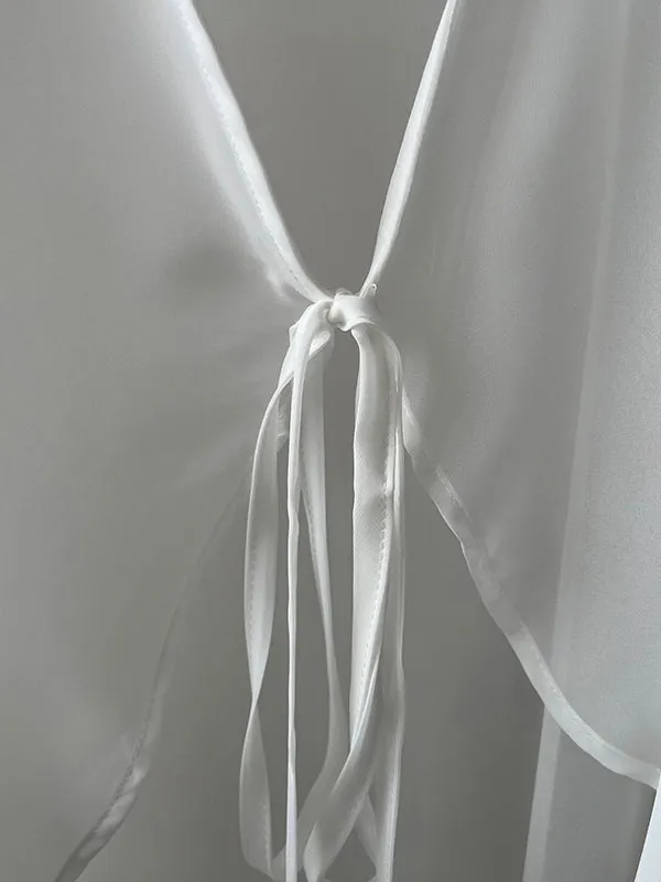 Bishop Sleeve Long Sleeves See-Through Split-Joint Tied Collarless Blouses&Shirts Tops