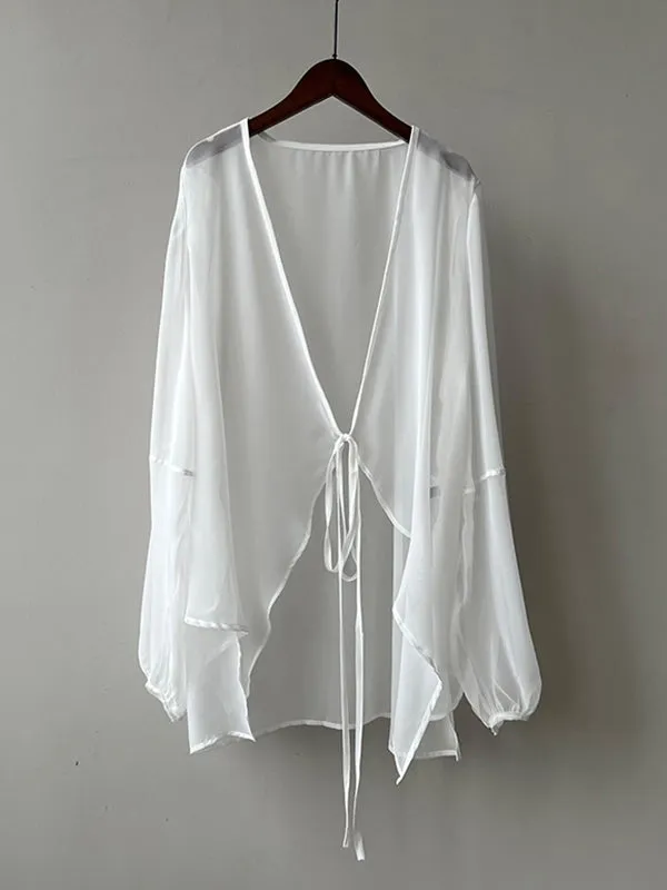 Bishop Sleeve Long Sleeves See-Through Split-Joint Tied Collarless Blouses&Shirts Tops