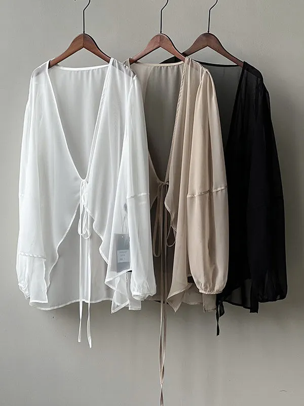 Bishop Sleeve Long Sleeves See-Through Split-Joint Tied Collarless Blouses&Shirts Tops