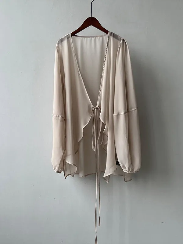 Bishop Sleeve Long Sleeves See-Through Split-Joint Tied Collarless Blouses&Shirts Tops