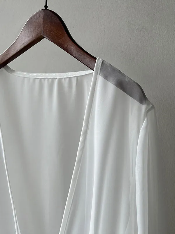 Bishop Sleeve Long Sleeves See-Through Split-Joint Tied Collarless Blouses&Shirts Tops