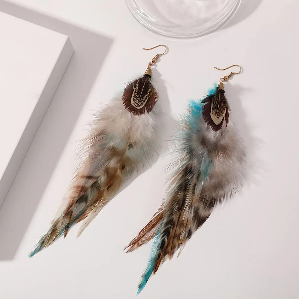 Bohemian Long Feather Earrings for Women Handmade Natural Dangle Tassel Jewelry