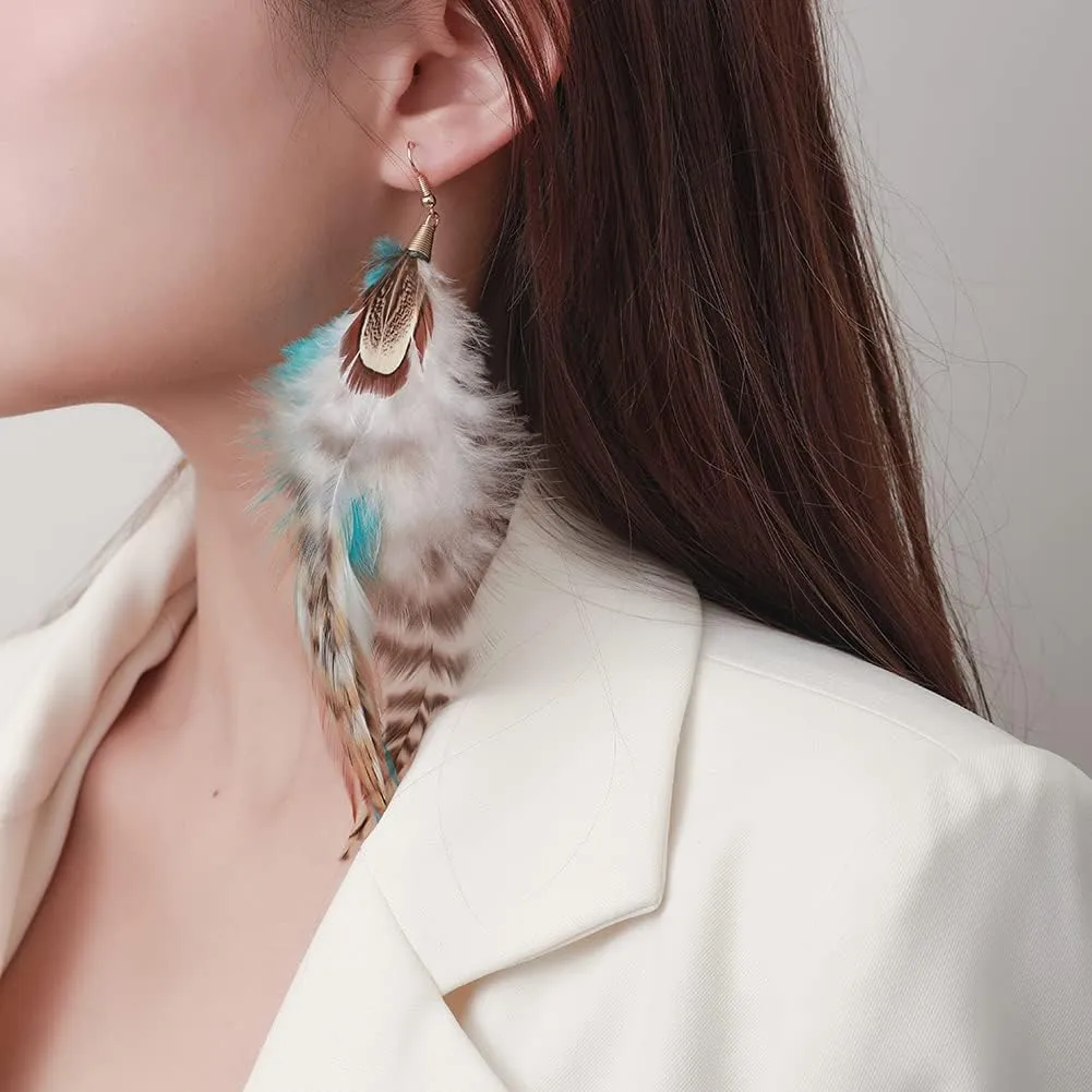 Bohemian Long Feather Earrings for Women Handmade Natural Dangle Tassel Jewelry