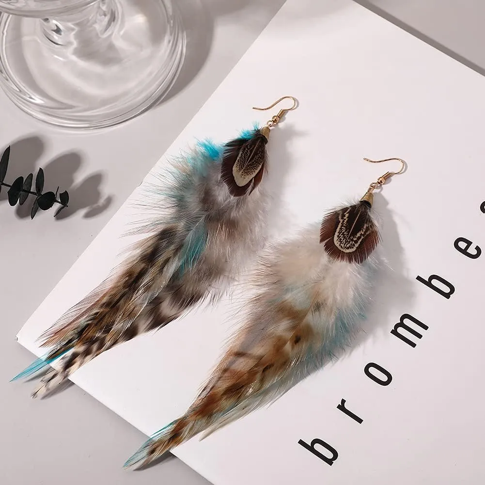 Bohemian Long Feather Earrings for Women Handmade Natural Dangle Tassel Jewelry