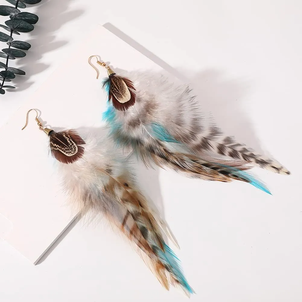 Bohemian Long Feather Earrings for Women Handmade Natural Dangle Tassel Jewelry