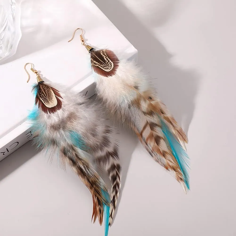 Bohemian Long Feather Earrings for Women Handmade Natural Dangle Tassel Jewelry