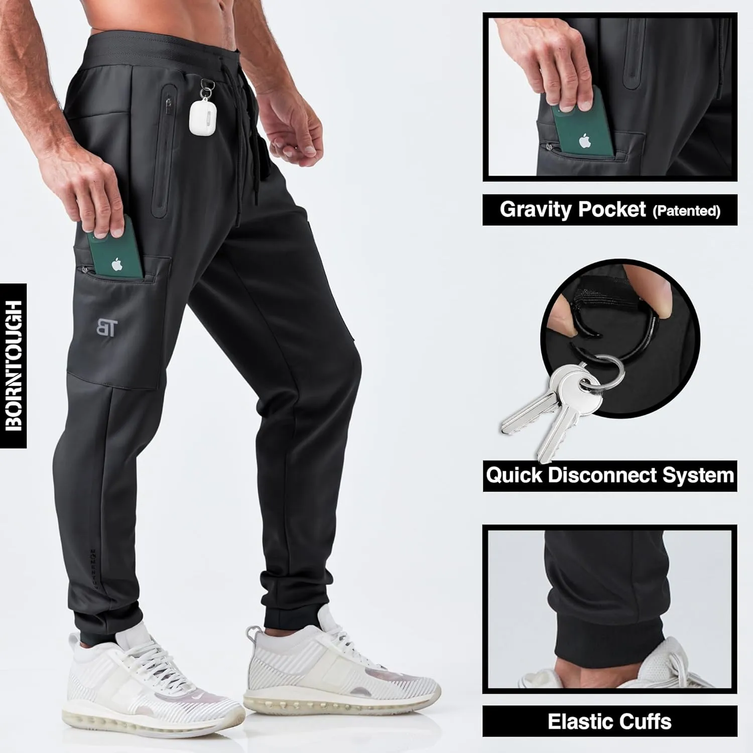 Born Tough Men's Tapered Bodybuilding Gym Joggers with Cargo Pockets, Athletic Running Sweatpants