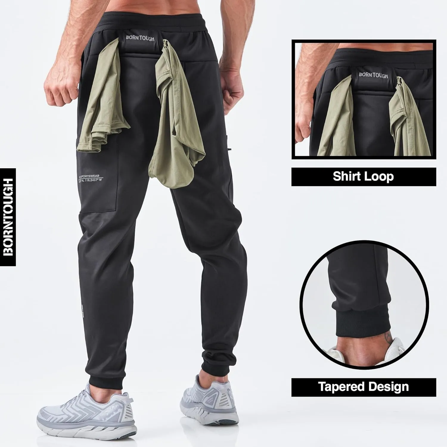 Born Tough Men's Tapered Bodybuilding Gym Joggers with Cargo Pockets, Athletic Running Sweatpants