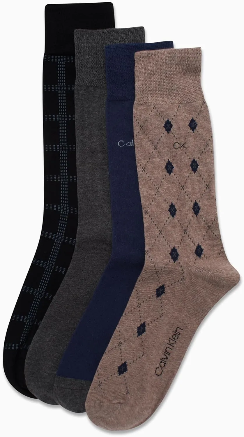 Calvin Klein Men's Dress Socks - Cotton Blend Crew Patterned Socks (4 Pairs)