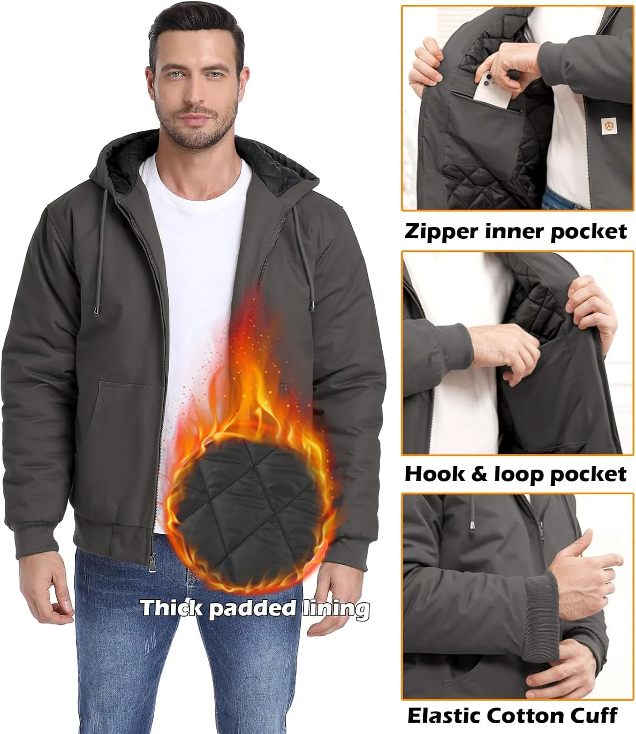CARWORNIC Men's Winter Hooded Active Jacket with Warm Quilted-Lined Cotton Outdoor Workwear Coats