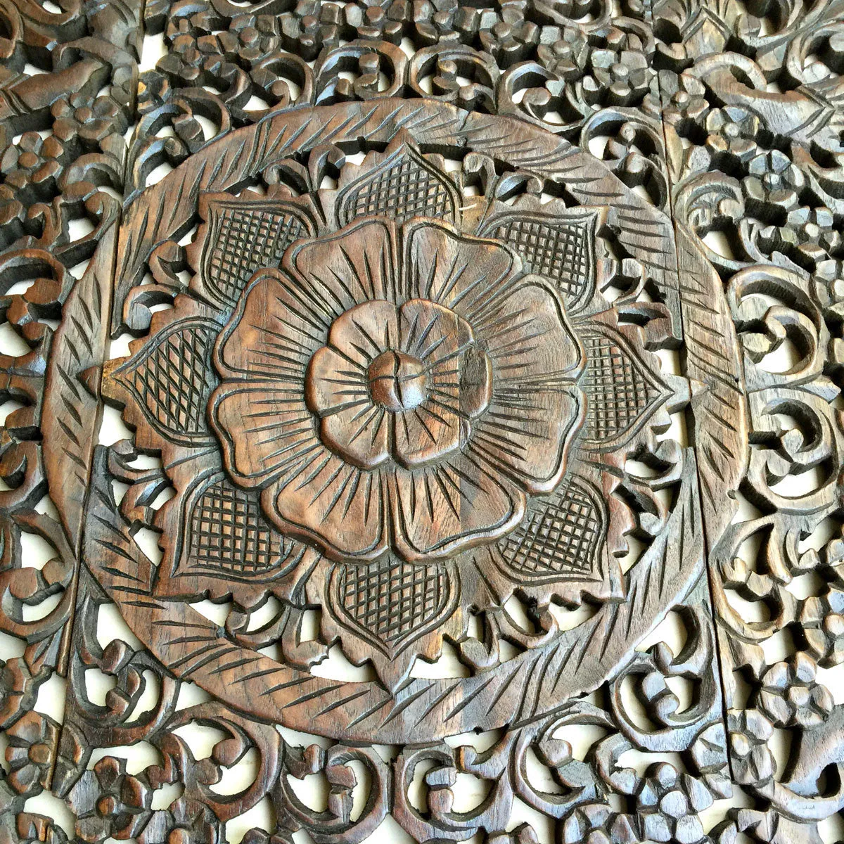 Elegant Wood Carved Wall Plaque. Set of 3 Wood Carved Lotus Wall Panels. Asian Home Decor. 36" Dark Brown Finish