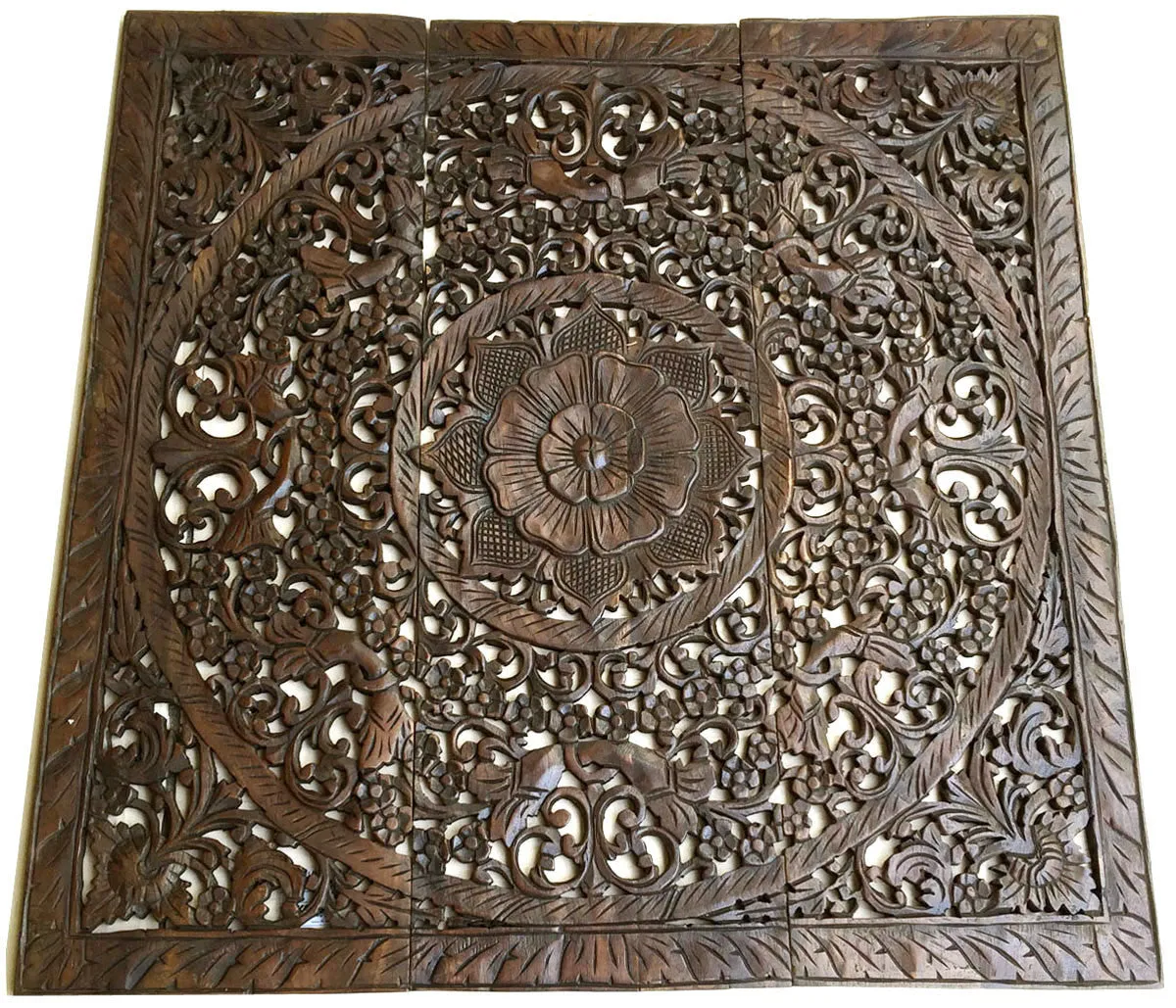 Elegant Wood Carved Wall Plaque. Set of 3 Wood Carved Lotus Wall Panels. Asian Home Decor. 36" Dark Brown Finish