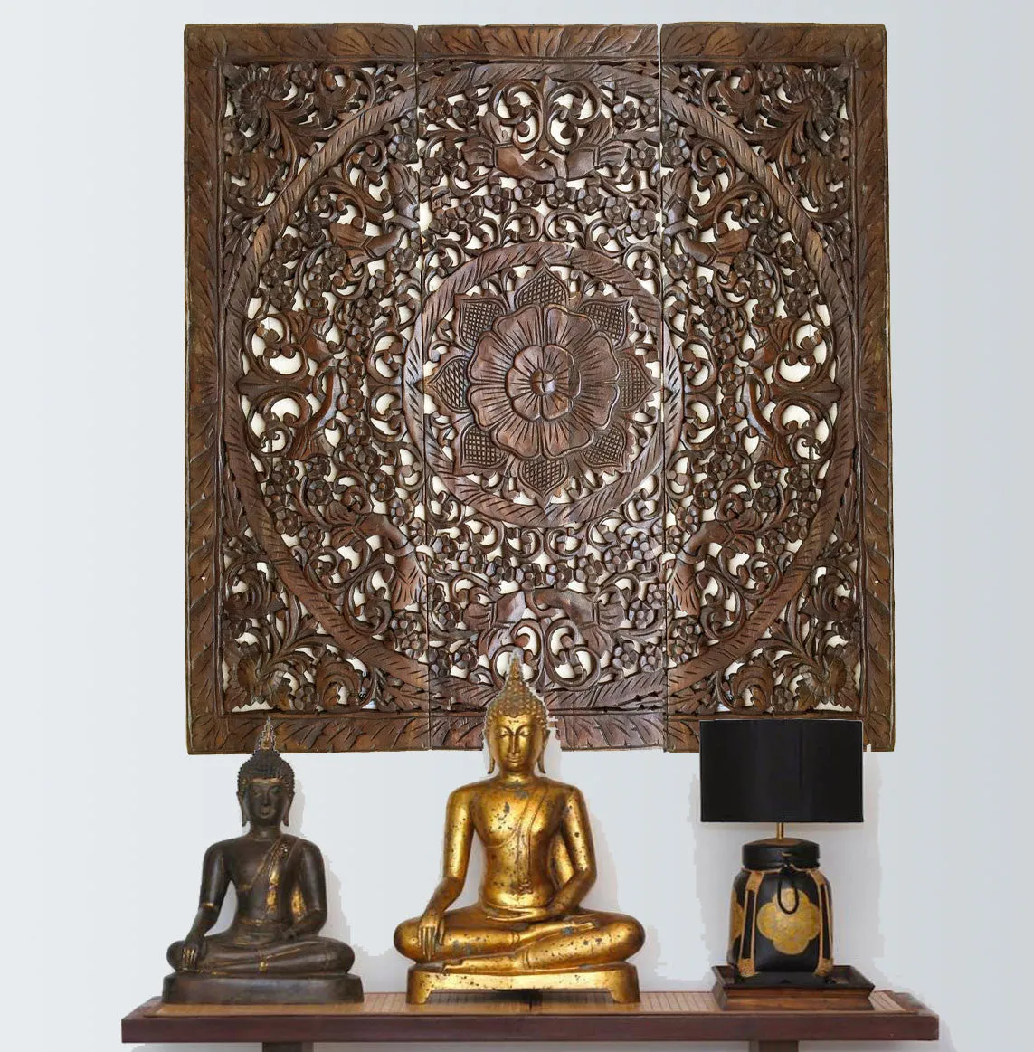 Elegant Wood Carved Wall Plaque. Set of 3 Wood Carved Lotus Wall Panels. Asian Home Decor. 36" Dark Brown Finish