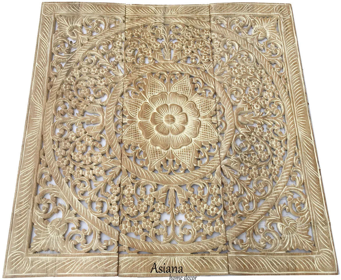 Elegant Wood Carved Wall Plaque. Wood Carved Floral Wall Art. Bali Home Decor. Asian Wood Carving Wall Art. Decorative Thai Wall Relief Panel Sculpture. 36"x36"x0.5" Available in Black Wash,Dark Brown and White