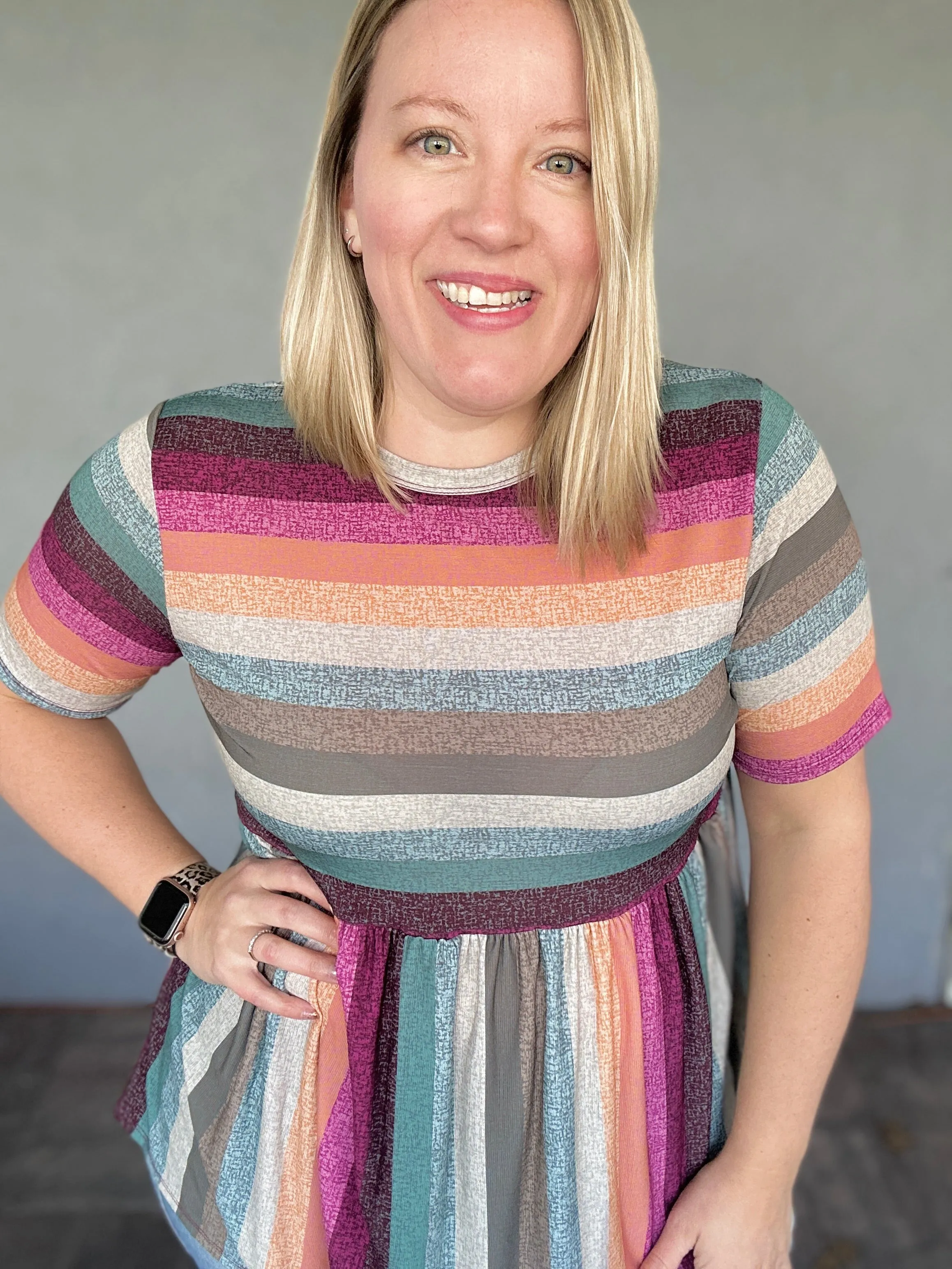 Heimish Full Size Striped Round Neck Babydoll Tee in Fuchsia Multi