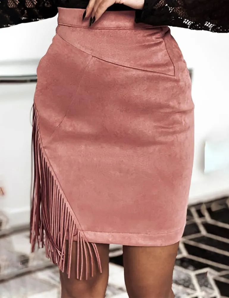 IDEALSANXUN Fringe Suede Skirt for Women High Waisted Tassel Short Mini Skirt