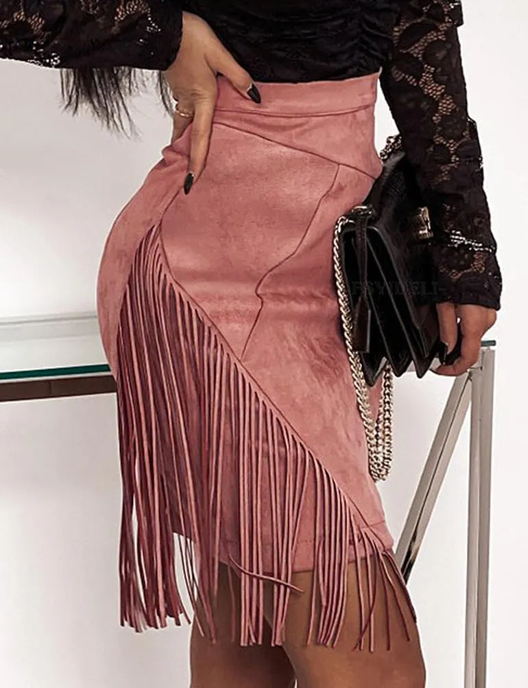 IDEALSANXUN Fringe Suede Skirt for Women High Waisted Tassel Short Mini Skirt