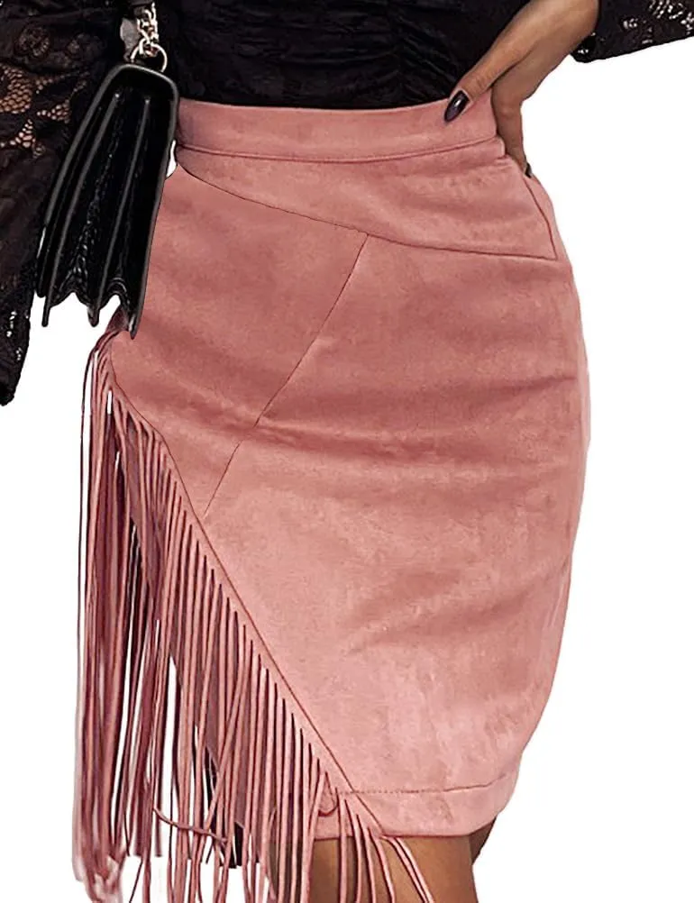 IDEALSANXUN Fringe Suede Skirt for Women High Waisted Tassel Short Mini Skirt