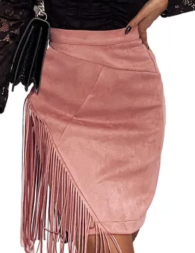 IDEALSANXUN Fringe Suede Skirt for Women High Waisted Tassel Short Mini Skirt