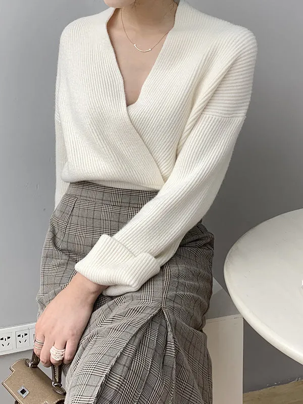 Long Sleeves Asymmetric Solid Color V-Neck Knitwear Pullovers Sweater