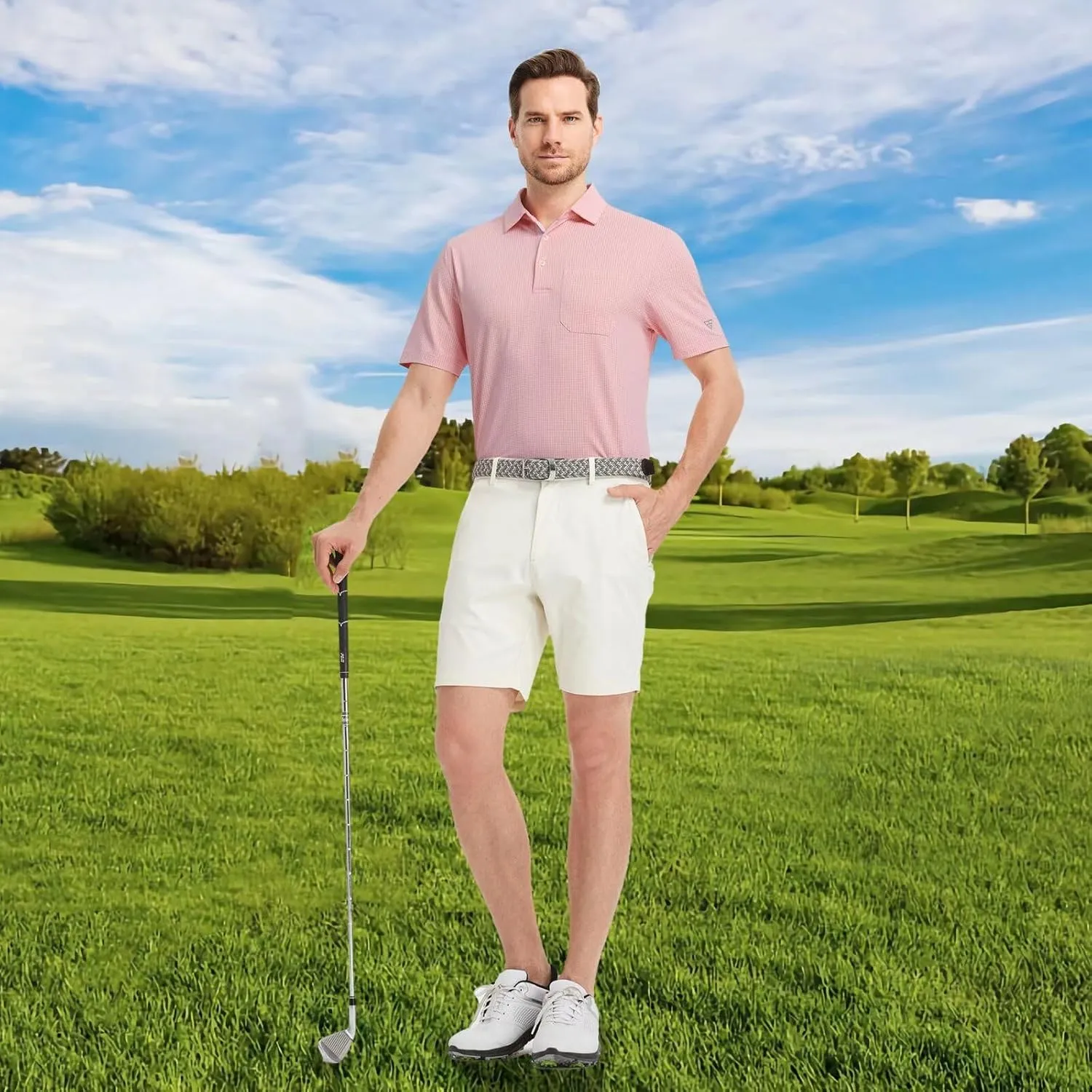 M MAELREG Mens Polo Shirts Short Sleeve Dry Fit Jacquard Performance Moisture Wicking Casual Pocket Golf Shirts for Men