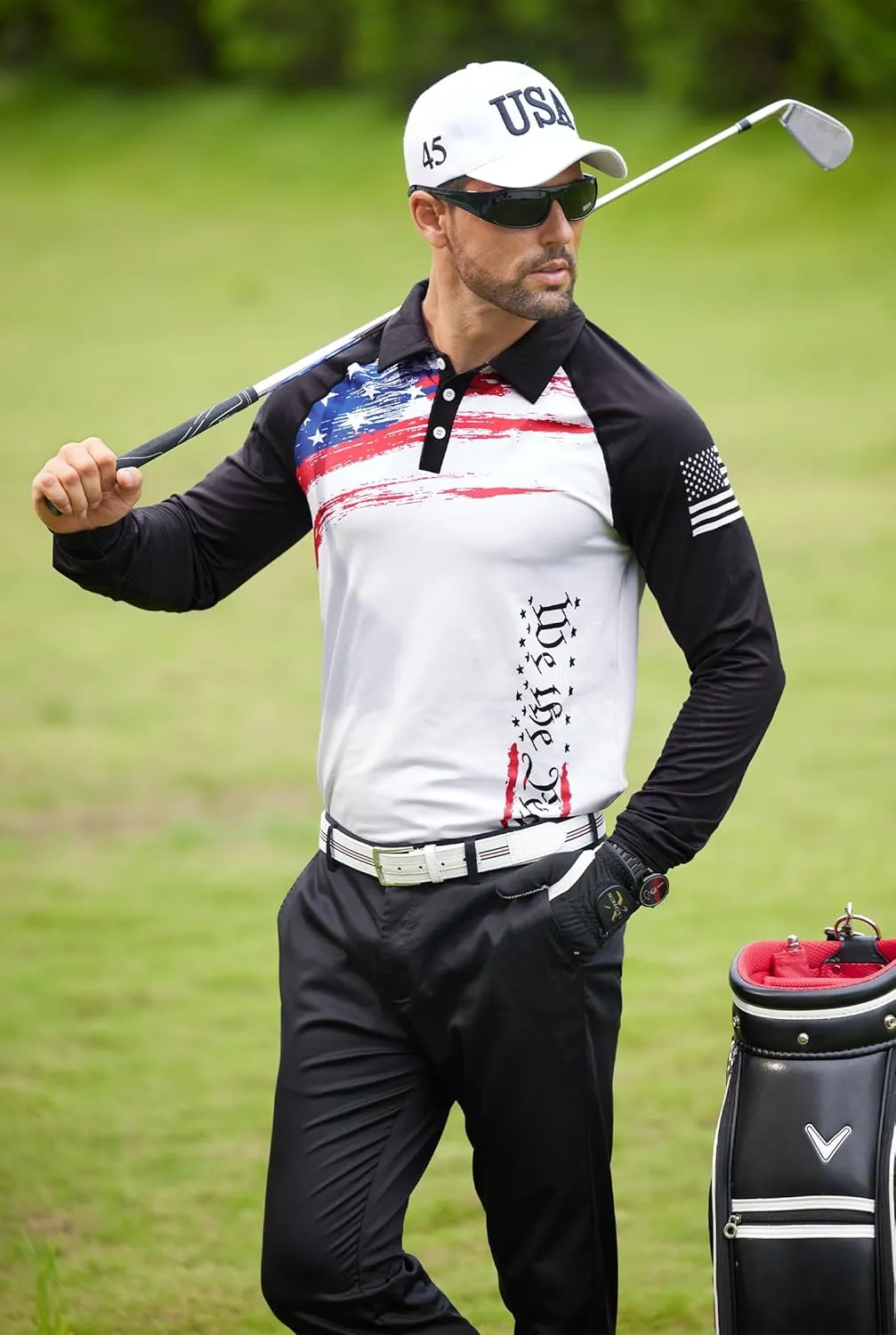 Mainfini Men's Long Sleeve 1776 Golf Shirt USA Flag Graphic Button Polo Shirt (S-3XL)
