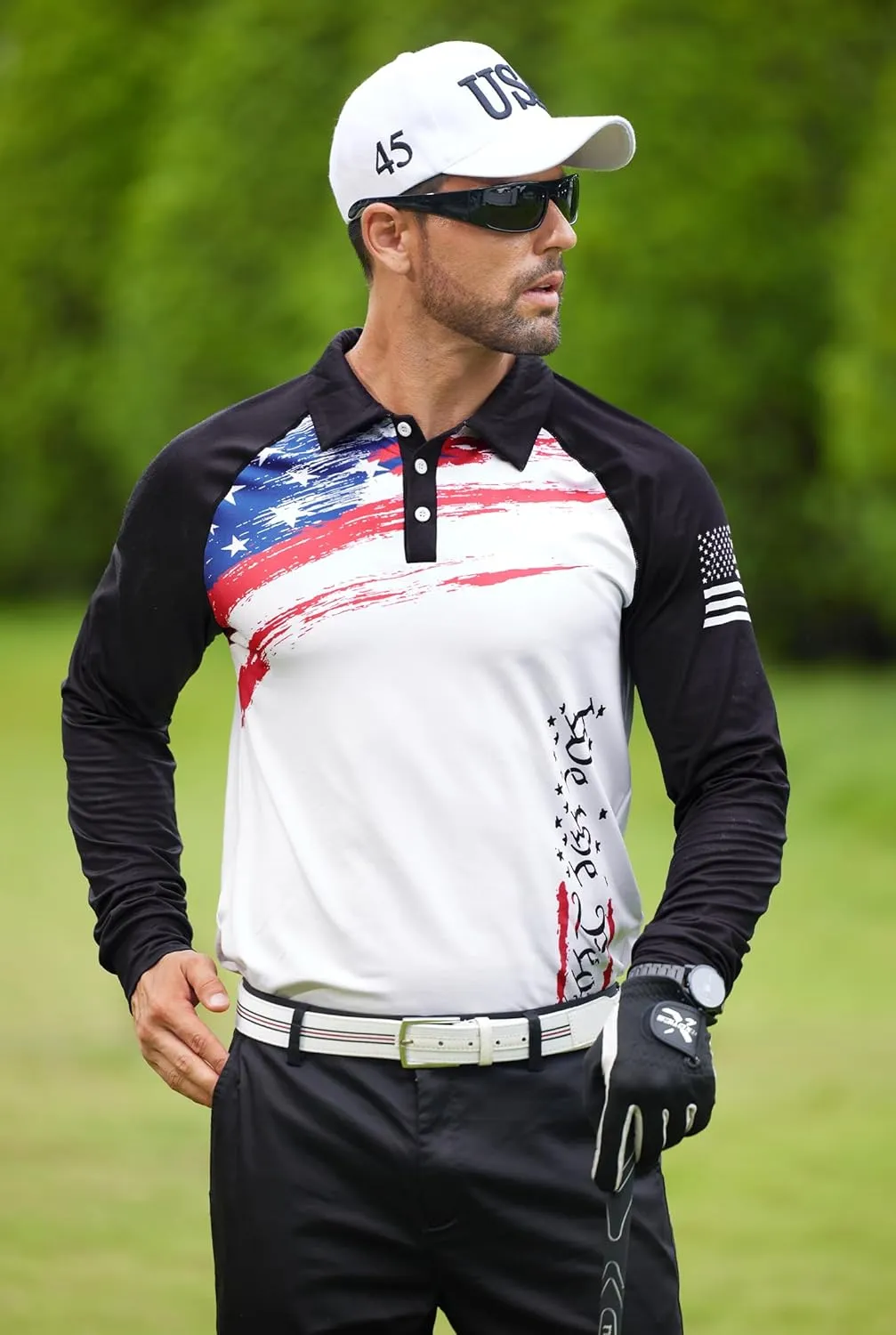 Mainfini Men's Long Sleeve 1776 Golf Shirt USA Flag Graphic Button Polo Shirt (S-3XL)