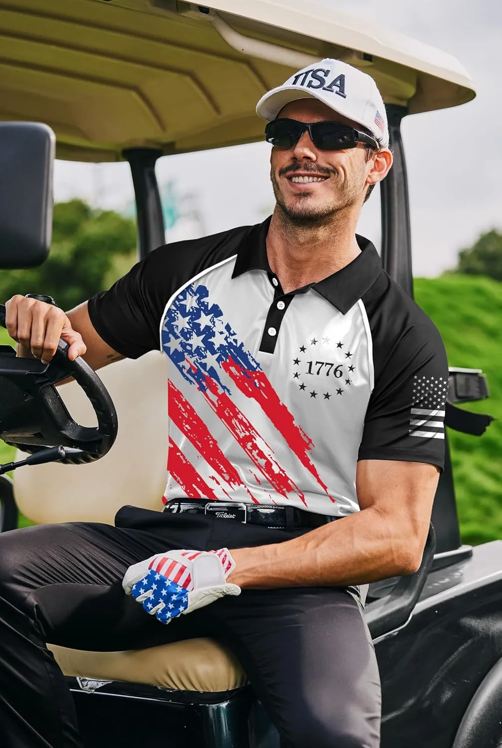 Mainfini Men's Short Sleeve Golf Shirt 1776 USA Flag Graphic Button Polo Shirt (S-3XL)