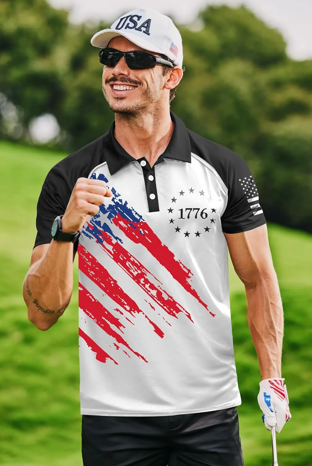 Mainfini Men's Short Sleeve Golf Shirt 1776 USA Flag Graphic Button Polo Shirt (S-3XL)