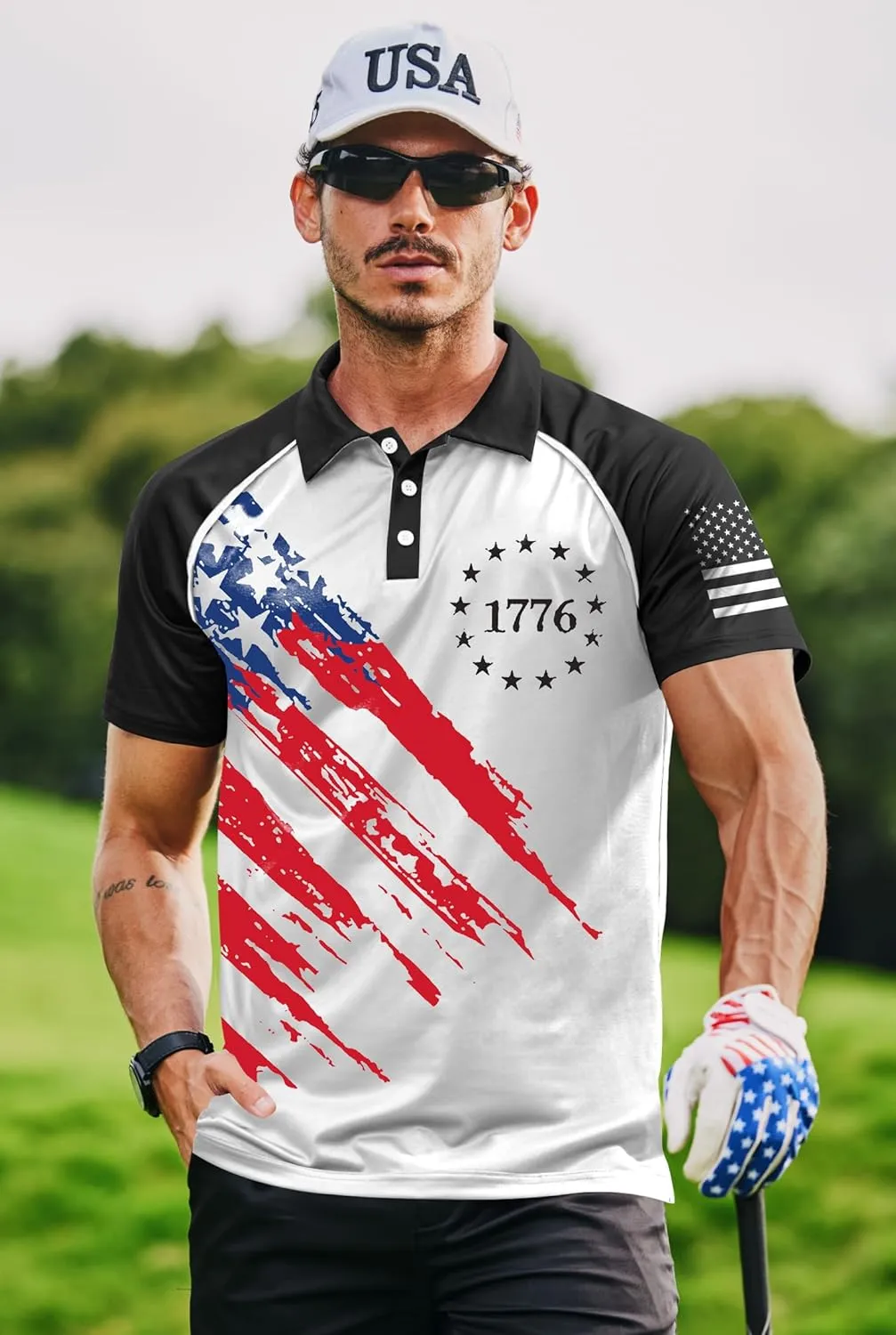 Mainfini Men's Short Sleeve Golf Shirt 1776 USA Flag Graphic Button Polo Shirt (S-3XL)