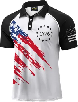 Mainfini Men's Short Sleeve Golf Shirt 1776 USA Flag Graphic Button Polo Shirt (S-3XL)