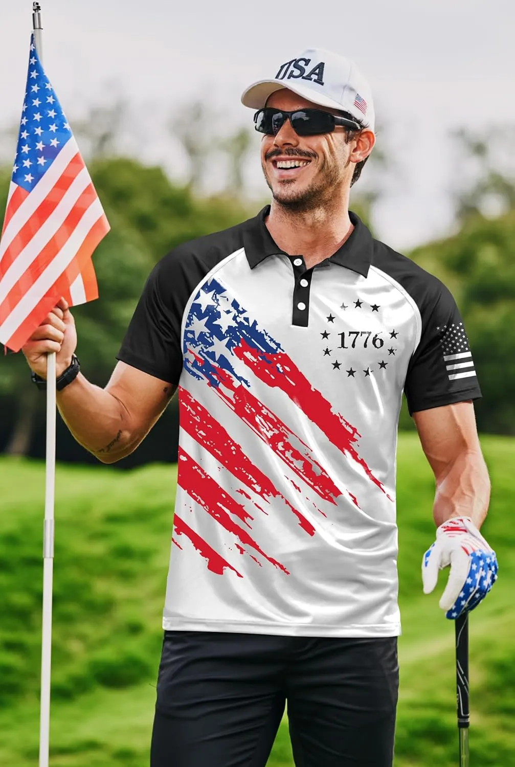 Mainfini Men's Short Sleeve Golf Shirt 1776 USA Flag Graphic Button Polo Shirt (S-3XL)