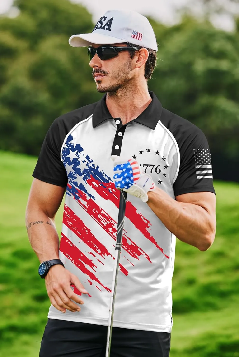 Mainfini Men's Short Sleeve Golf Shirt 1776 USA Flag Graphic Button Polo Shirt (S-3XL)