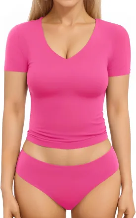 MANGOPOP Women's Double Lined Short Long Sleeve Tops V Neck T Shirts Fitted Basic Tee