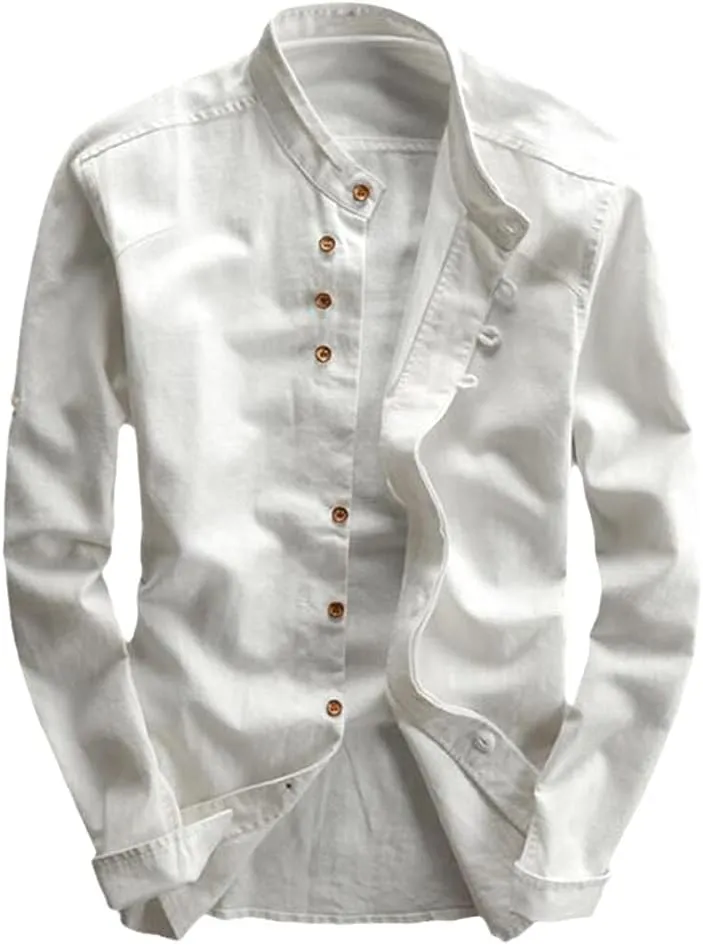 Men's Cotton Linen Shirt Long Sleeve Casual Slim Mandarin Collar Shirt Summer Beach Shirt